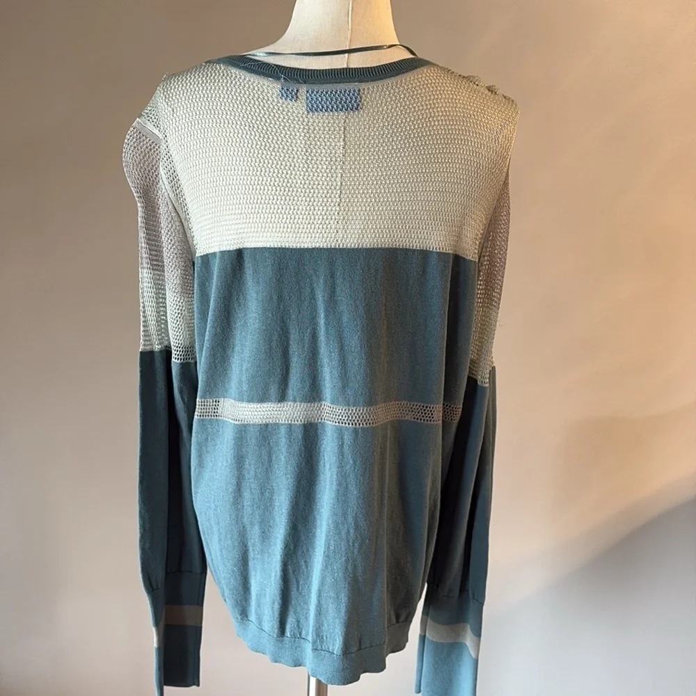 Vera wang NEW teal green gray partial sheer cardigan netting mesh / button up XL